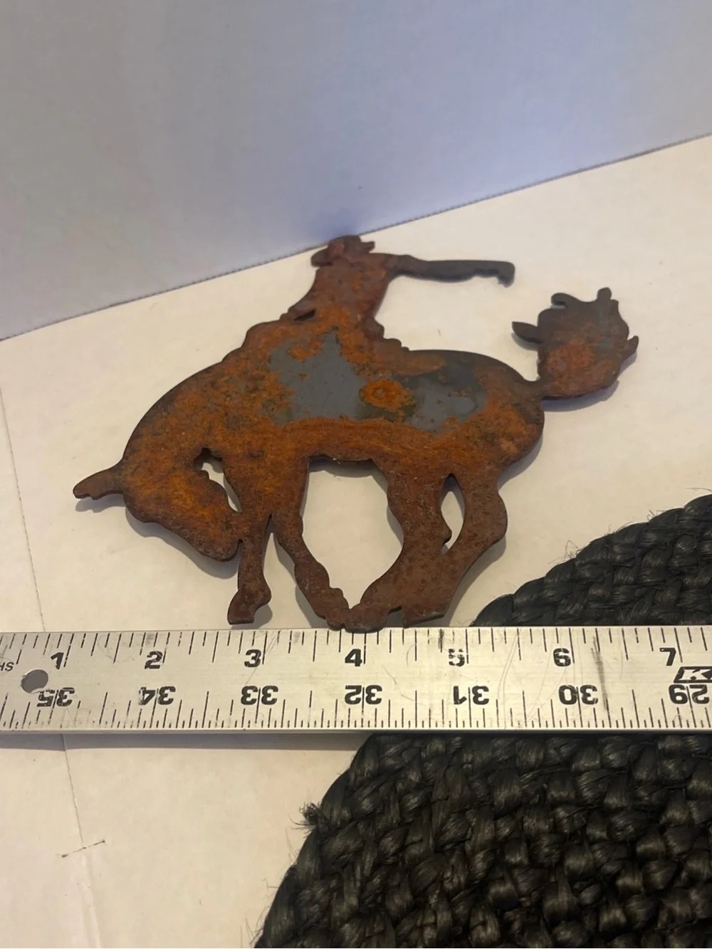 Vintage metal Rust Patina Cowboy Bucking Bronco